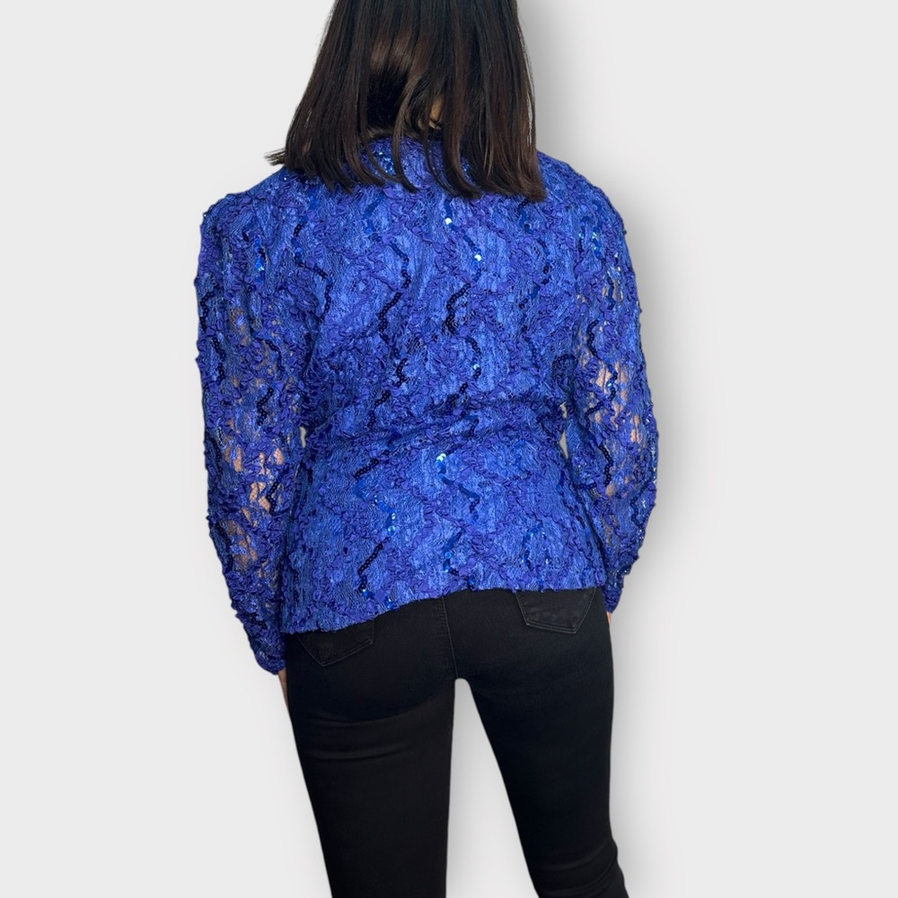 Vintage 1980s Cobalt Blue & Purple, Sequin, Ruffle, Double Breasted Blazer - Picture 3 of 8